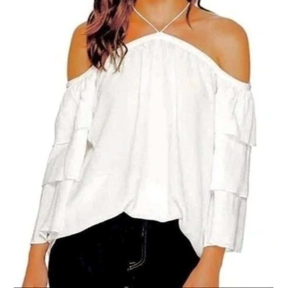 1.State Womens Top Size Medium Off Shoulder White Ruffle Sleeve Top Loose Fit‎
